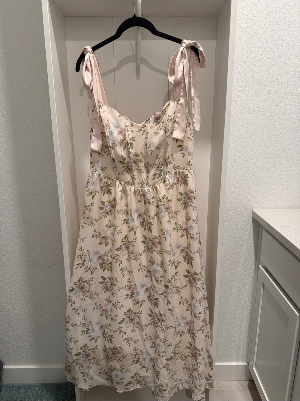 Red Dress Boutique Cream Floral Midi Dress with Pink Tie Straps